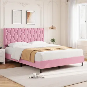 Queen Platform Bed Frame Heavy-Duty Platform Bed Frame with Upholstered Headboard and Wooden Slats Support  No Box Spring Needed Upholstered Mattress Foundation Easy Assembly  Noise Free Pink