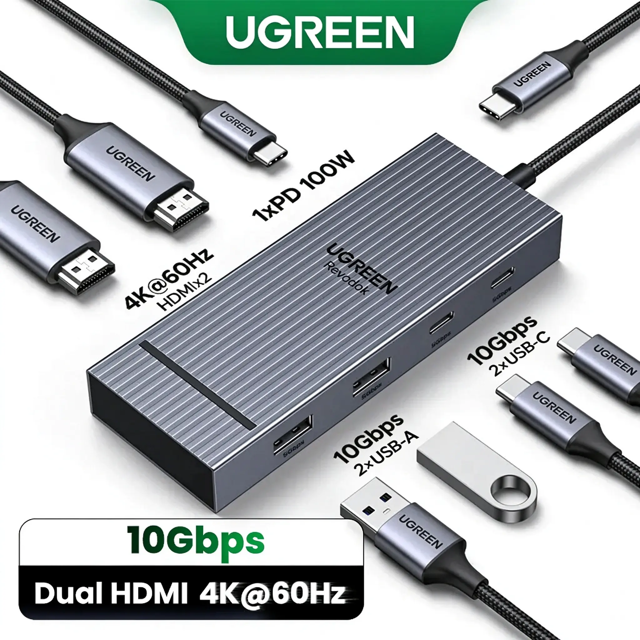 UGREEN Revodok Pro 7-in-1 USB-C Docking Station, Aluminum Multiport Adapter with Dual 4K@60Hz HDMI Outputs, 10Gbps Speeds Data Ports, 100W Fast Charging - Multi-Port Charging Hub for HP Laptops PC Accessories Desk Gadgets