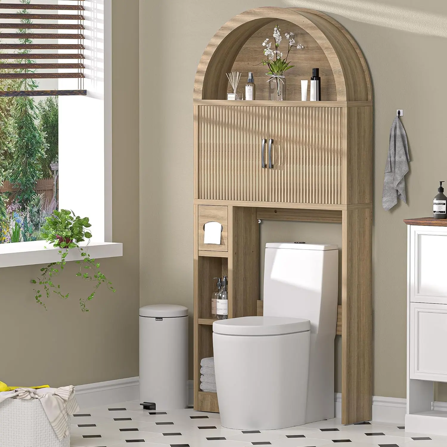 【Super Popular】Dragosum Over The Toilet Storage Cabinet, Arched Cabinet with Doors, Space-Saving Toilet Storage for Bathroom, Laundry, Mini Bar, Free standing Bathroom Organizer with Adjustable Shelf and Anti-Tip Device (Wood)