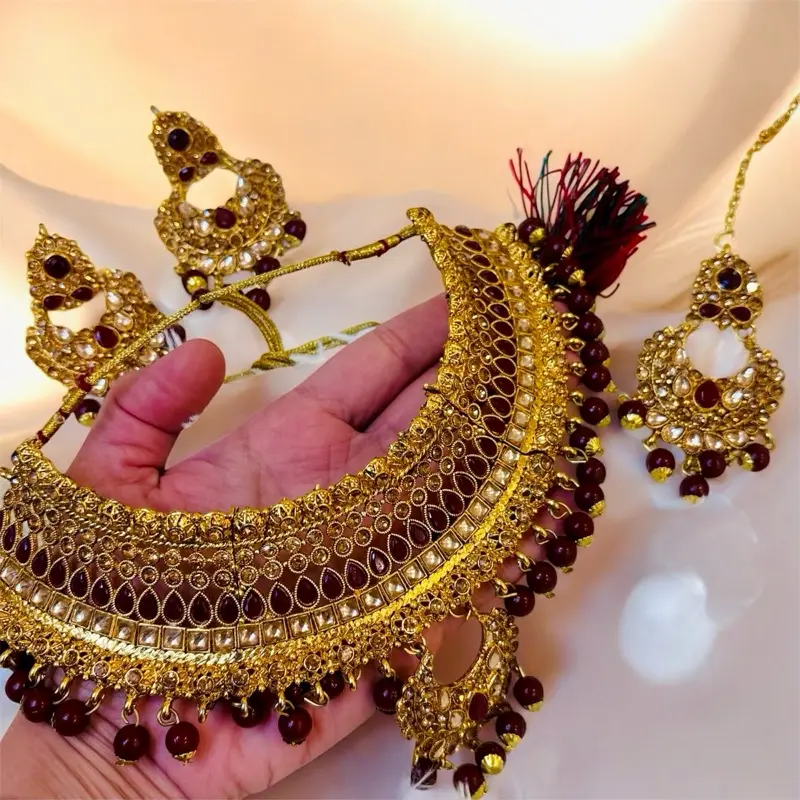 Gold Plated Maroon Beads & Gold Stone Choker Necklace Set - 4 Piece Beautiful Traditional Jewelry