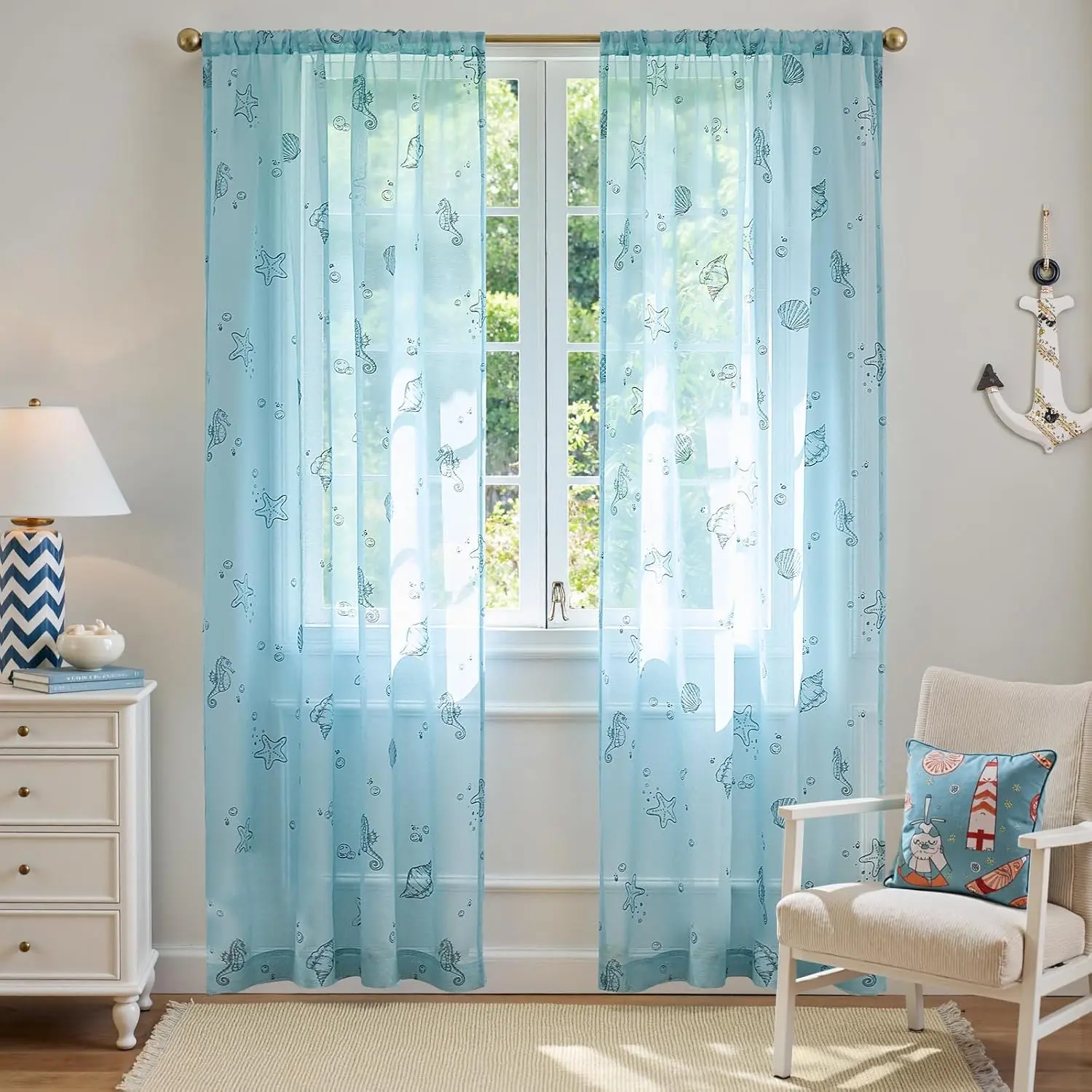 Blue Sheer Curtains for Living Room Bedroom   Curtains 84 Inch Long Beach House Voile Transparent Seashell Seahorse Printed Window Treatments Set Rod Pocket 2 Panels