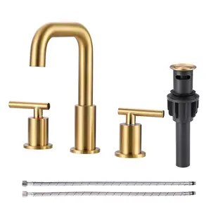 WOWOW 8 in. Widespread Double Handle Brushed Gold Tap - Brass Bathroom Faucet with Included Pop-Up Drain and Aerator, Vintage Glam
