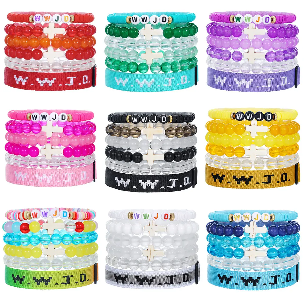 6Pcs/Set WWJD Beaded Bracelet Pack, Multi-color Stackable Acrylic Bead Wristbands with Cross Charm,   Bracelets for Men Women Teens Church Party Gift