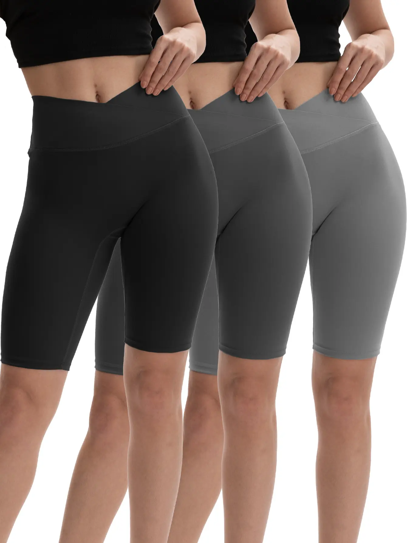 Women's 3-Pack Buttery Soft High-Waisted Pocketed Biker Shorts - Active Crossover Leggings with Tummy Control, Non-See-Through Workout Gear for Yoga/Running, Normal Type, Hand Wash Only, Female Stylish Clothes, Soft Fabric Stays Comfy Through Reps