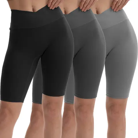 Female 3-Pack Buttery Soft High-Waisted Elastic Waist Pocketed Crossover Leggings Design Biker Shorts - Tummy Control, Non-See-Through Workout Gear, Yoga/Running Active Bottoms, Hand Wash Only, Normal Type Daily Wear