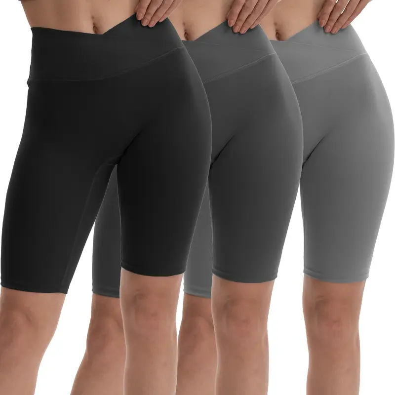 Female 3-Pack Buttery Soft High-Waisted Elastic Waist Pocketed Crossover Leggings Design Biker Shorts - Tummy Control, Non-See-Through Workout Gear, Yoga/Running Active Bottoms, Hand Wash Only, Normal Type Daily Wear