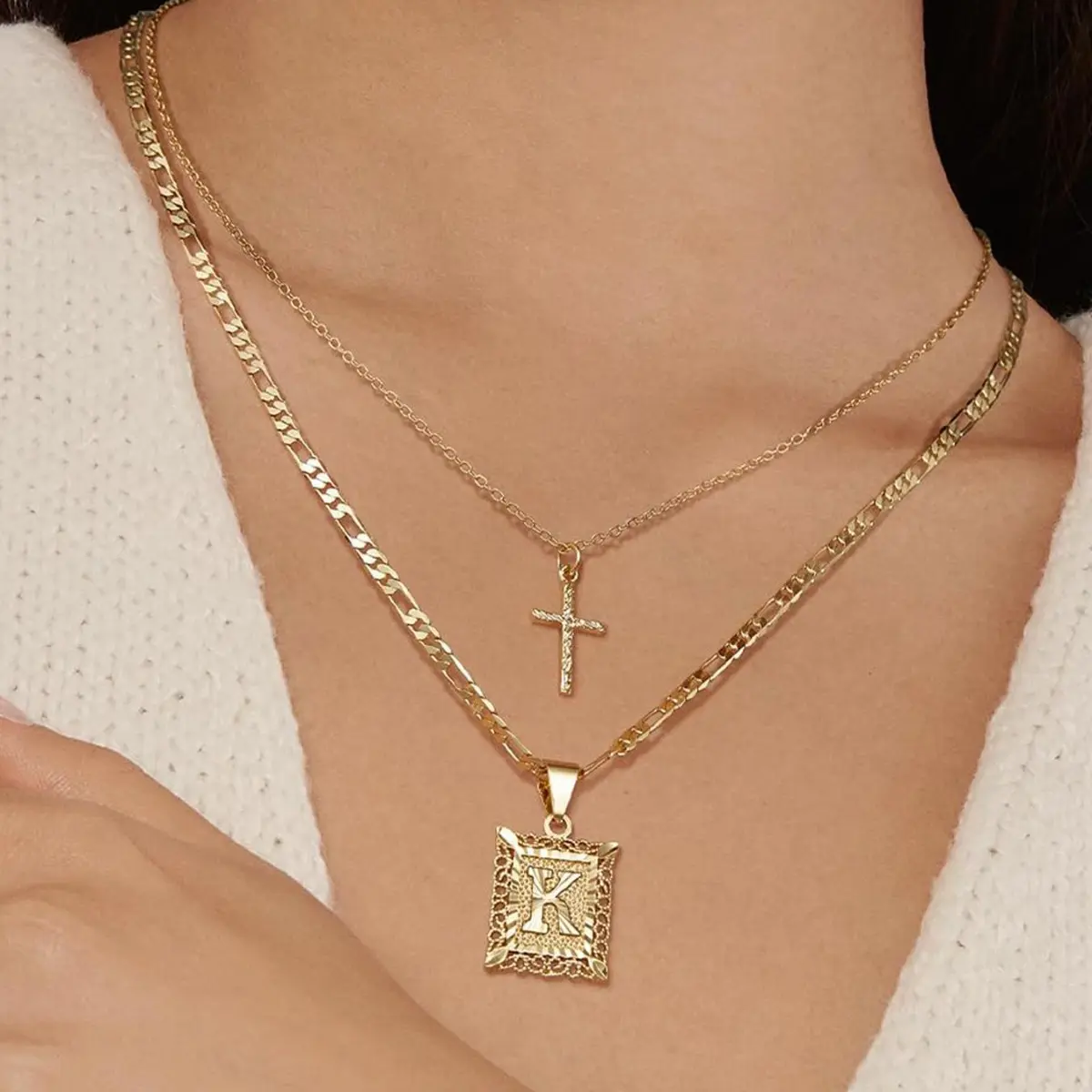Initial Letter Cross Double-Layer Pendant Necklace for Men Women, 14K Gold Plated Square Capital Monogram Necklace Alphabets from A-Z Chain Gift