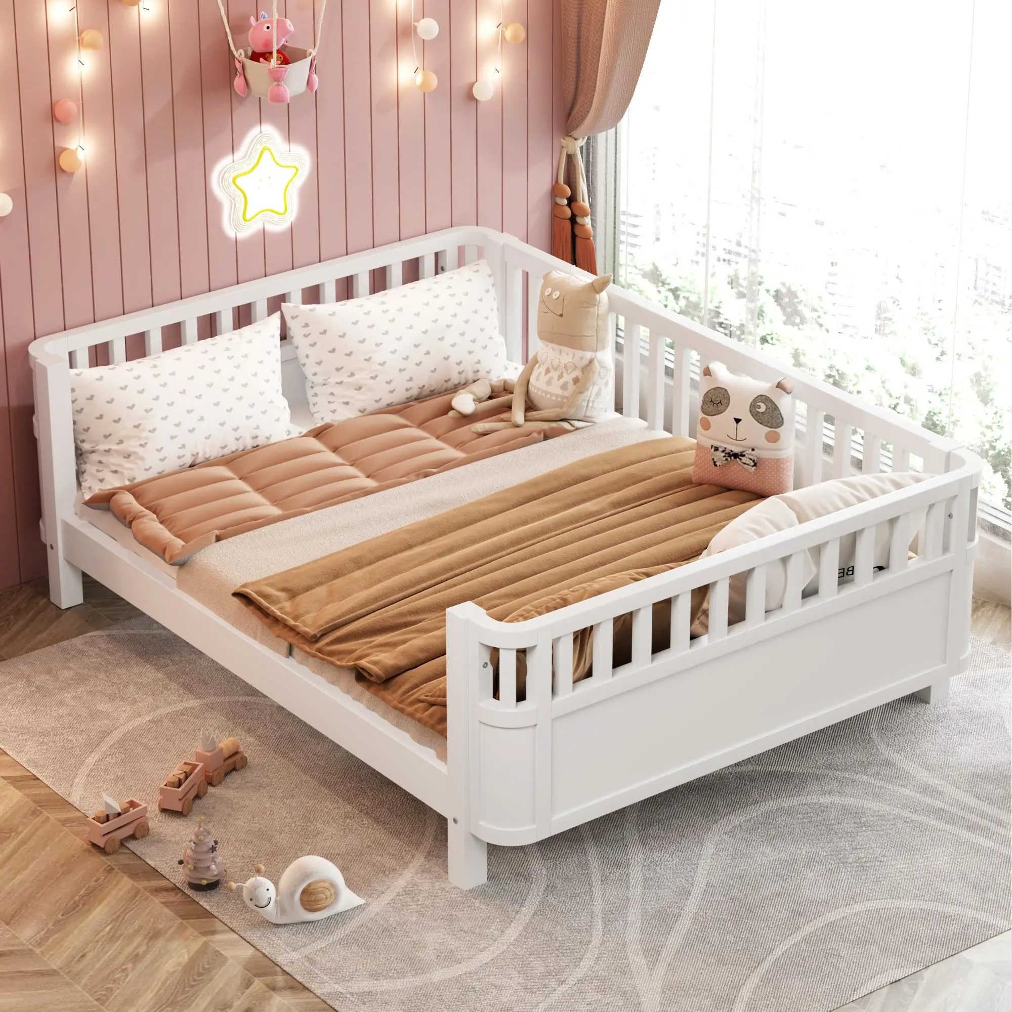 AURNIENOFUS Pine Wood Montessori Low Toddler Bed Frame - Twin/Full Size, Child-Friendly, Multi-Child, Montessori Style, Guardrails, Slats Support, Detachable Side Rails, Space-Saving, Unique Bedroom Furniture, Multiple Colors, Safe Sleep Bed, Montessori B