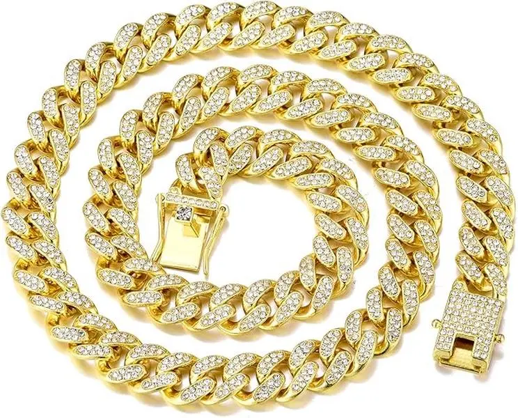 Men's 13mm Cuban Link Chain, Chunky Gold or Silver Plated Iced Out Necklace, Hip Hop Fashion Jewelry for Daily Wear, 16-20 Inch, Miami Cuban Chain, Bling Links, Unisex Adults, Chunky Necklace, Plated Alloy, Chains