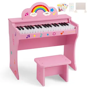 37 Keys Kids Keyboard Piano Wooden Toy with Stool DIY Stickers Song Book Cover Educational Musical Instruments for Girls Boys Ages 3+