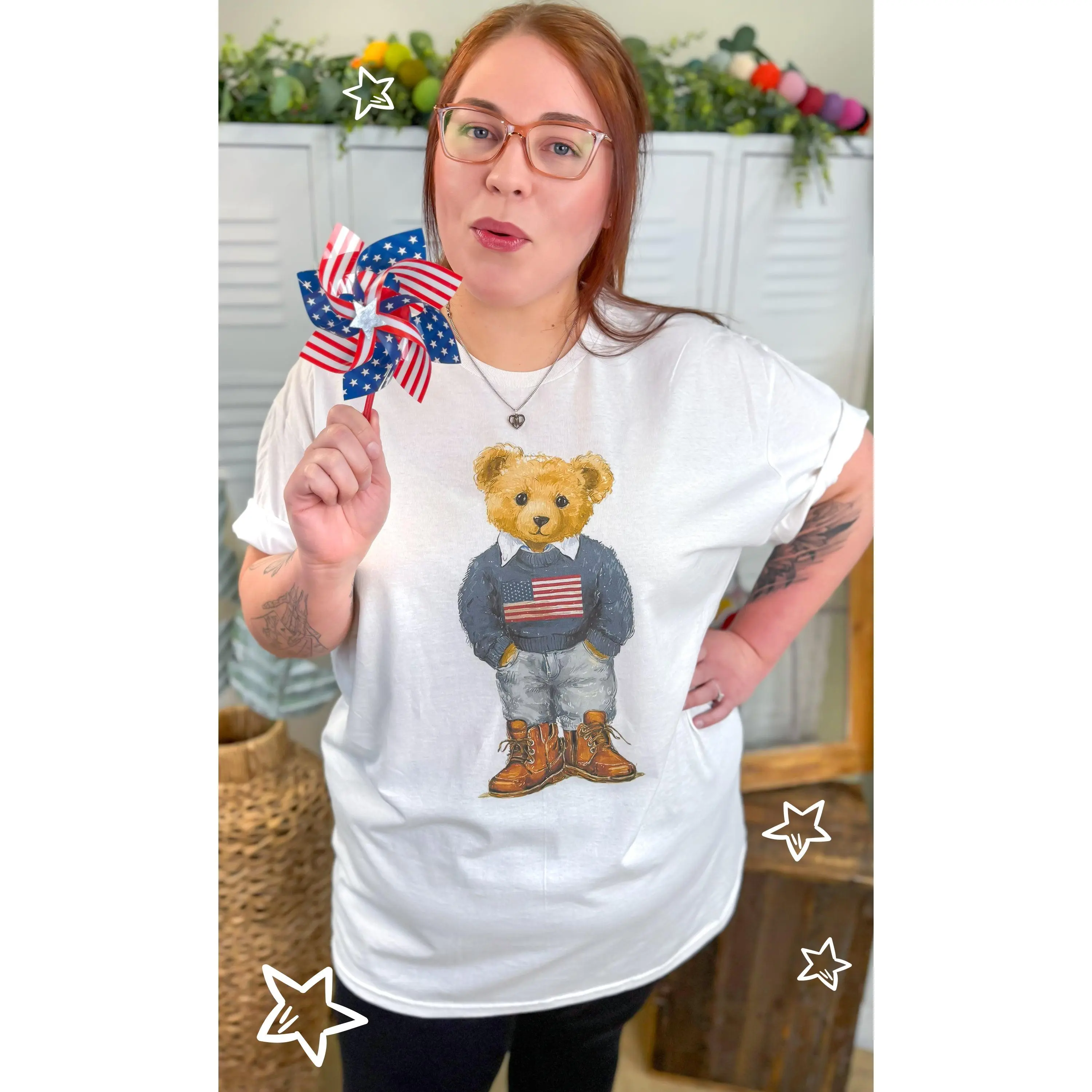All American Teddy Bear Graphic T-Shirt, Streetwear, Sleeves