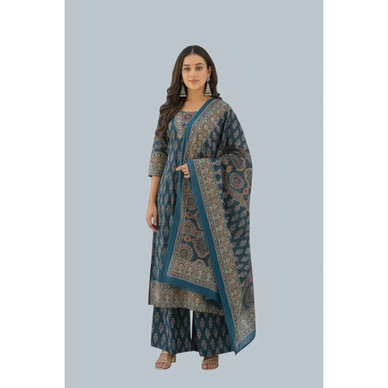 Women's Traditional Cotton Indigo Ajrakh Print 3-Piece Kurta Set - V-Neck, Calf-Length Sleeve Dress, Bottom, Dupatta, Ethnic Party Wear Clothes, 2X Large (44)