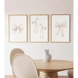 Preppy Bow Wall Art Set - 3 Beige Aesthetic Canvas Posters for Living Room or College Apartment 16x24 Inch Unframed