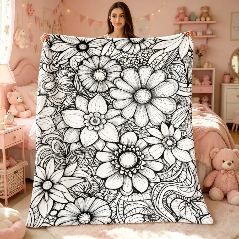 2D Flat Black White Daisy Line Art Flannel Throw Blanket, 280gsm Ultra Soft Lightweight All Season Blanket for Sofa Bed Office Camping Travel, Digital Print Warm Decor Bedding Gift for Floral Art Lovers