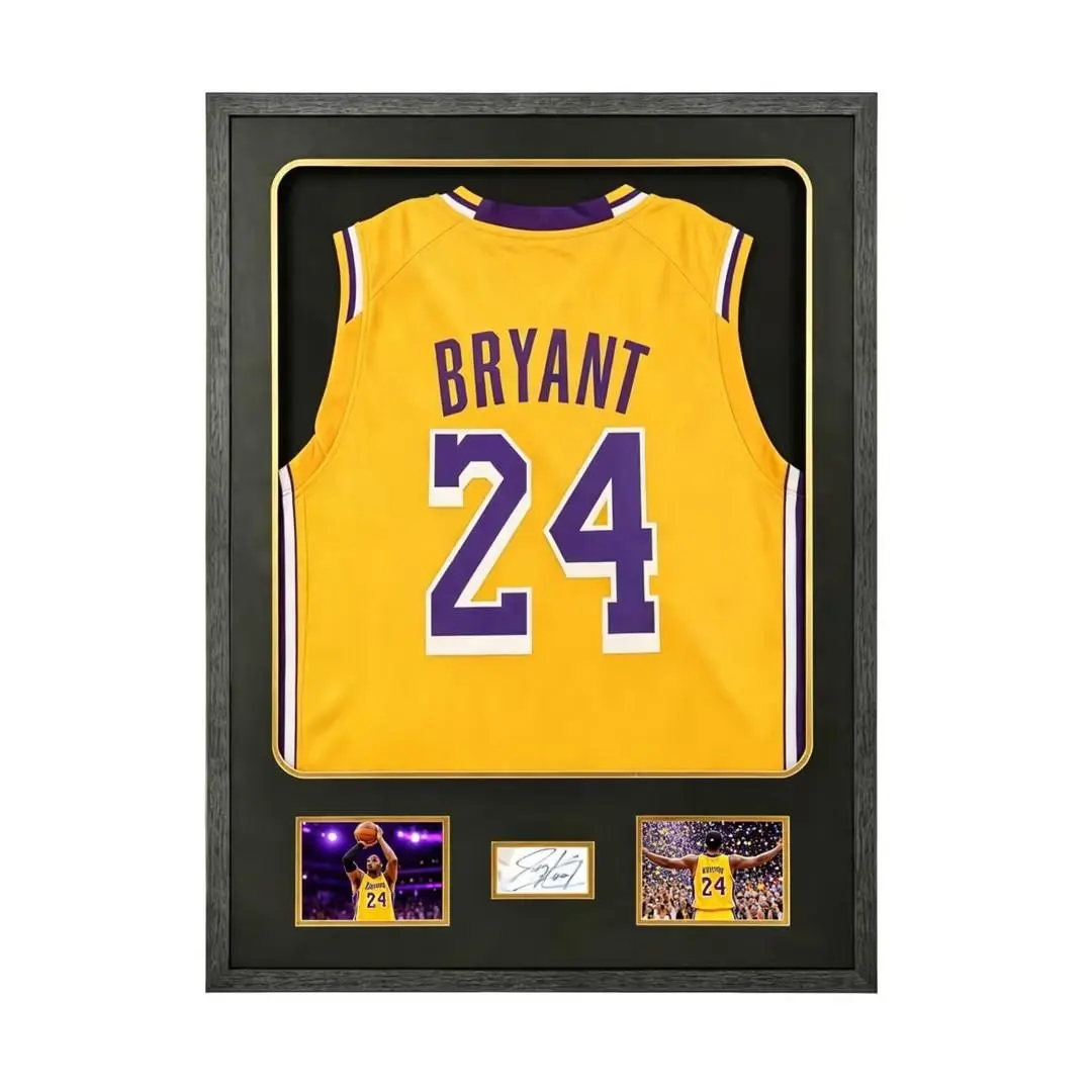Jersey Display Frame Case with Mat, Large Sport Jersey Shadow Box with Tempered Real Glass and Hanger for Baseball Basketball Football Soccer Hockey Shirt and Uniform, Two 4x6 Photos, Black