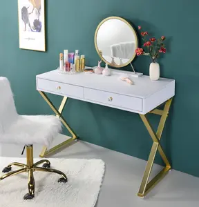Dreamzon Coleen White & Gold Finish Vanity Desk W/Mirror & Jewelry Tray
