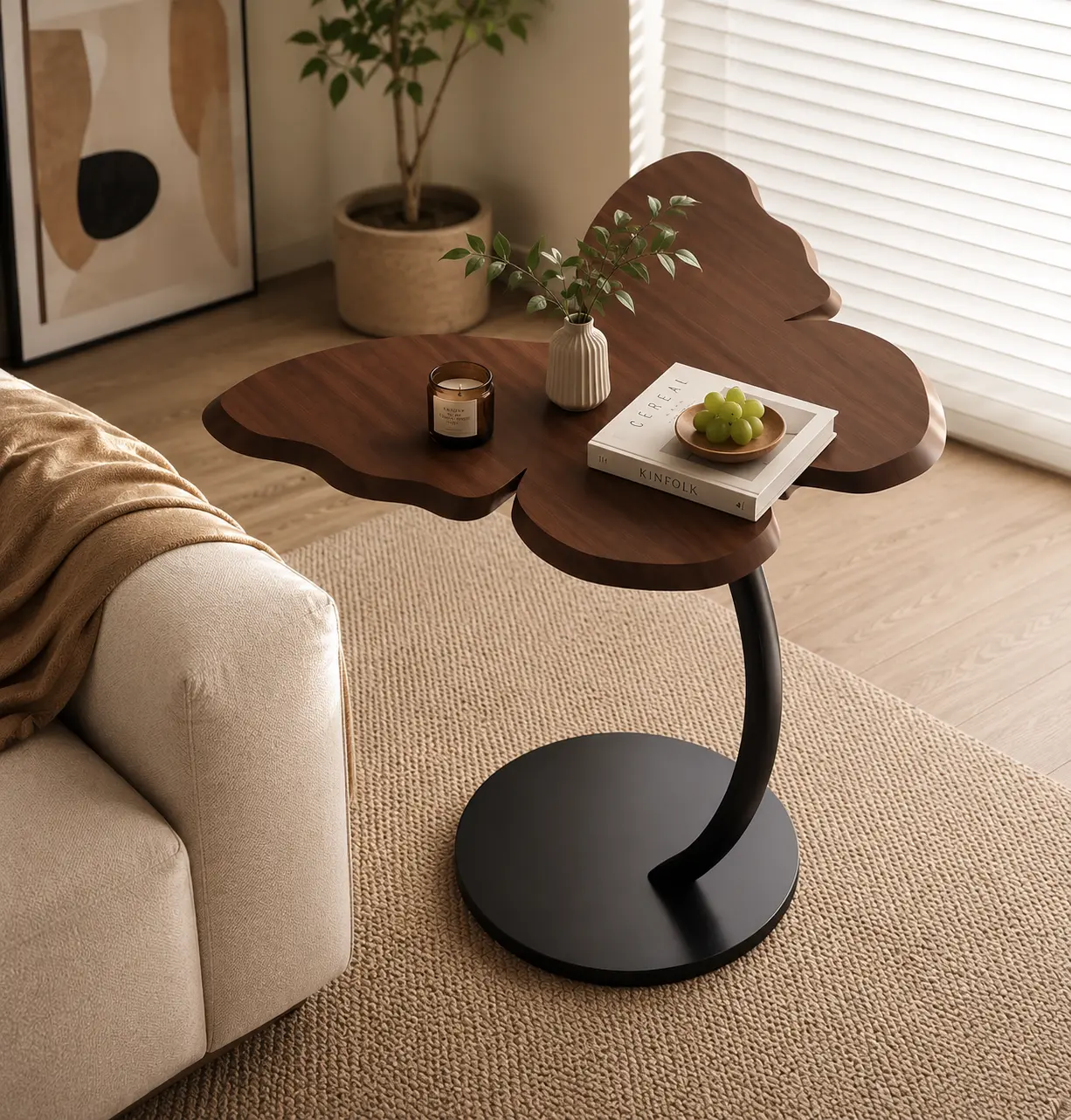 Butterfly Side Table – Modern Artistic Accent Table with Solid Wood Grain Top & Metal Base, Decorative End Table for Living Room, Bedroom, Sofa Side, Small Space Furniture