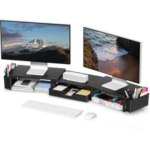 Desk Organizers and Accessories, Dual  Stand Riser with Drawer and 2 Pen Holders, Desk Shelf Metal Computer Racks for Office Workspace Organizers, Desktop Organization (Black)