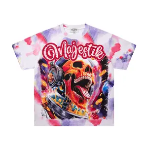 Extra Baggy Watercolor Tie Dye Skull Astronaut Print Tee w/ Rhinestone, Retro Faded, 2000s Retro Dopamine Maximalist Urban Street Style, For Men & Women Edgy Cotton Top for Warm Weather Daily Outfit