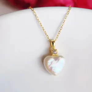 Piswency Heart Baroque Freshwater Pearl Pendant Necklace, 925 Sterling Silver Natural White Color Pearl Necklace, Gift for Her