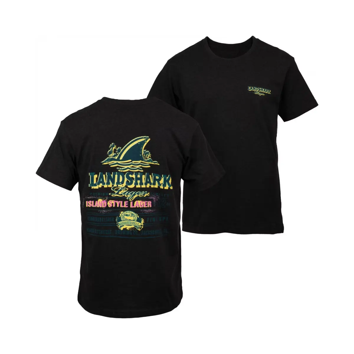 Menswear Landshark Lager Island Style T-Shirt, Casual Comfy Round Neck Short-Sleeve Soft Cotton Blend, Unisex 2-Sided Front & Back Tropical Beer Logo Graphic, Beach Party Apparel Summer Gift