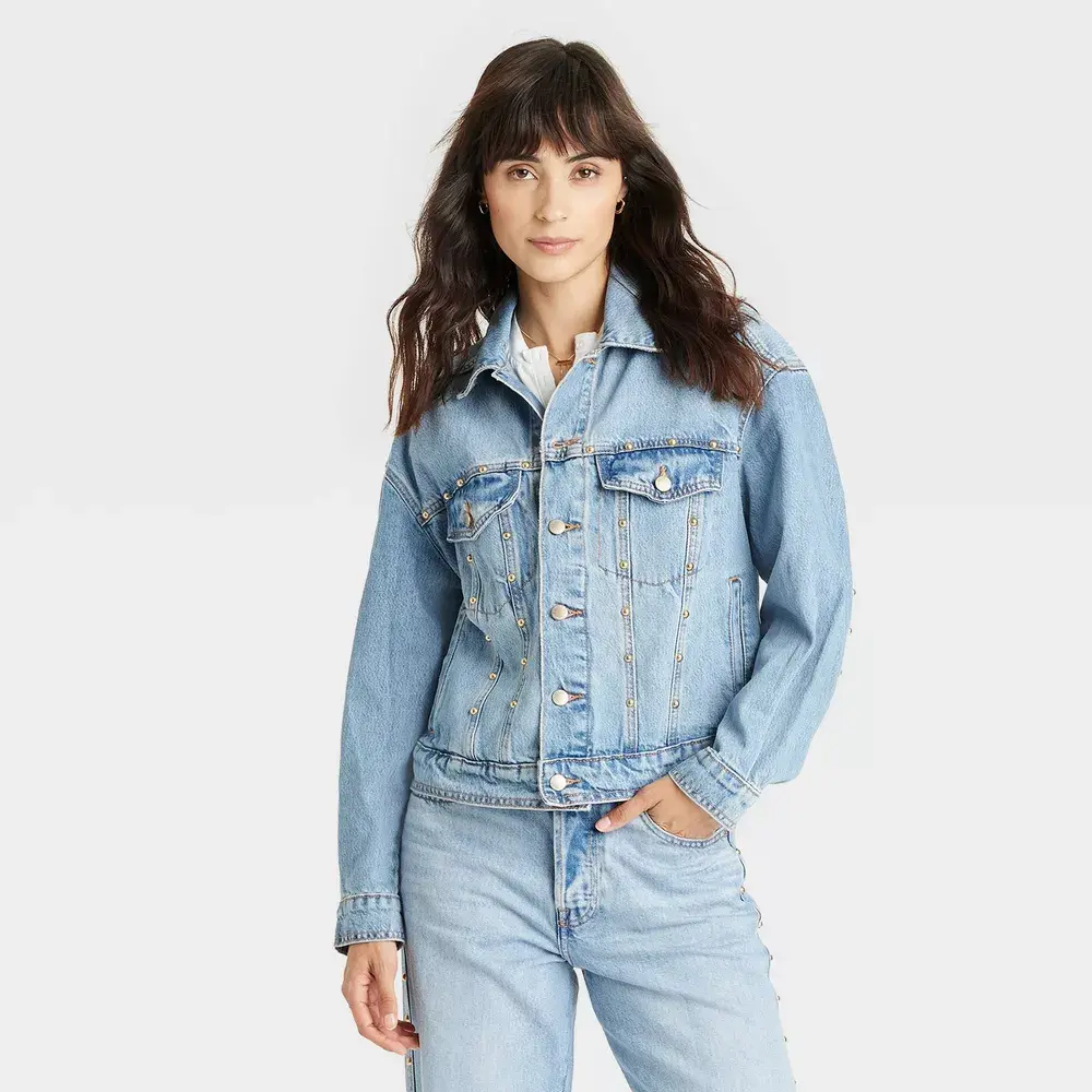 Women's Studded Denim Trucker Jacket - Universal Thread Blue XS