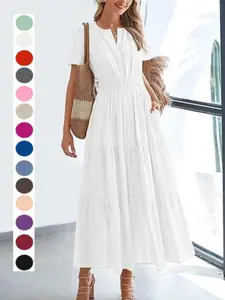 2026 Women's Summer Casual Maxi Dress, Lightweight Short Sleeve V Neck Bohemian Boho Dress with Pockets, Perfect for Outdoor Fun, Womenswear