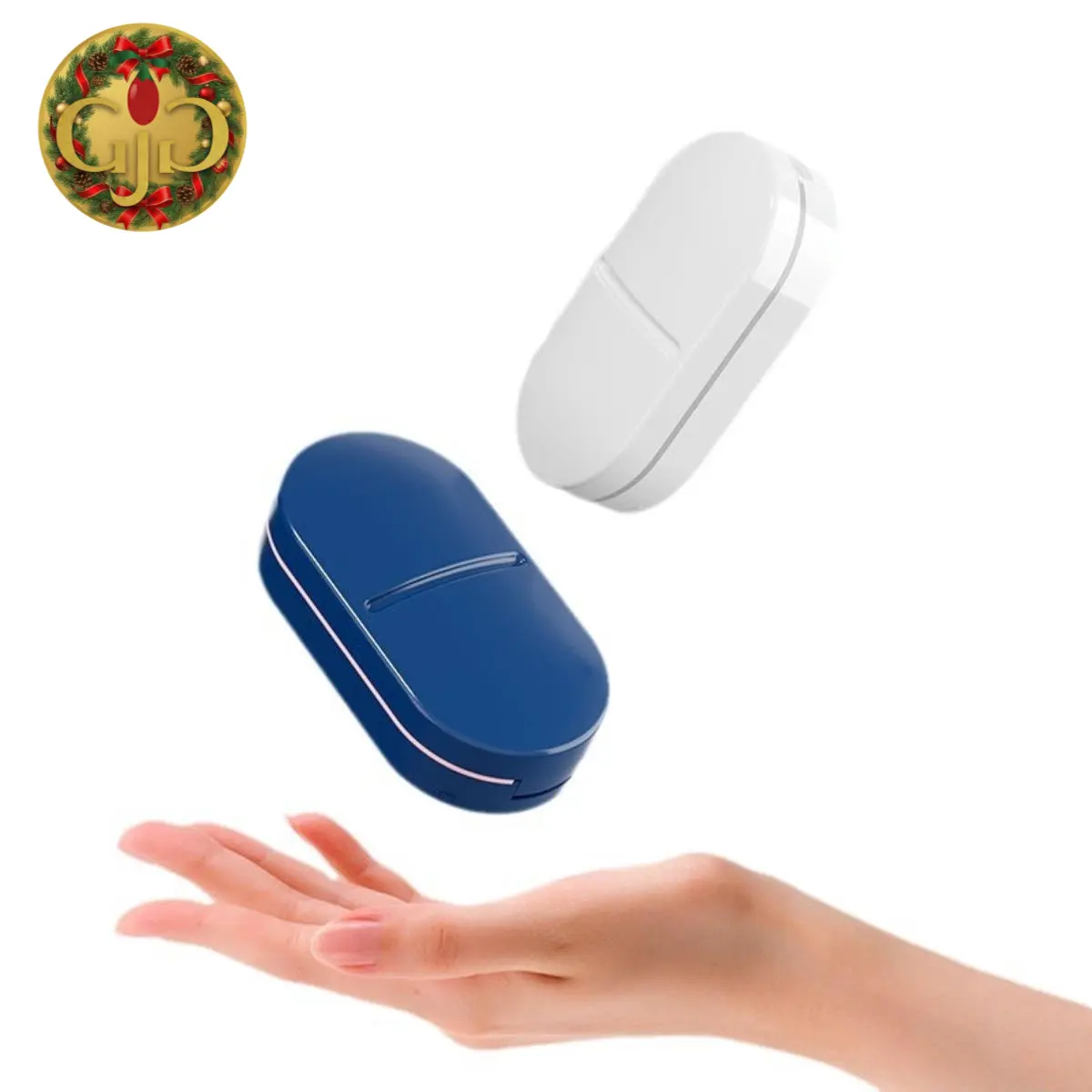 Back to School Must-Have! 2-in-1 Pill Cutter & Mini Pill Organizer, Portable Travel Medicine Splitter Box, White & Blue, Perfect Labor Day Gift