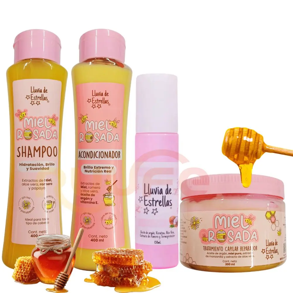 Lluvia de Estrellas shampoo de miel rosada x 400ml Acondicionador de Miel rosada de lluvia de estrellas x 400ml Perfume capilar Candy x 150ml y Tratamiento capilar de Miel x 300ml (4 Pack)