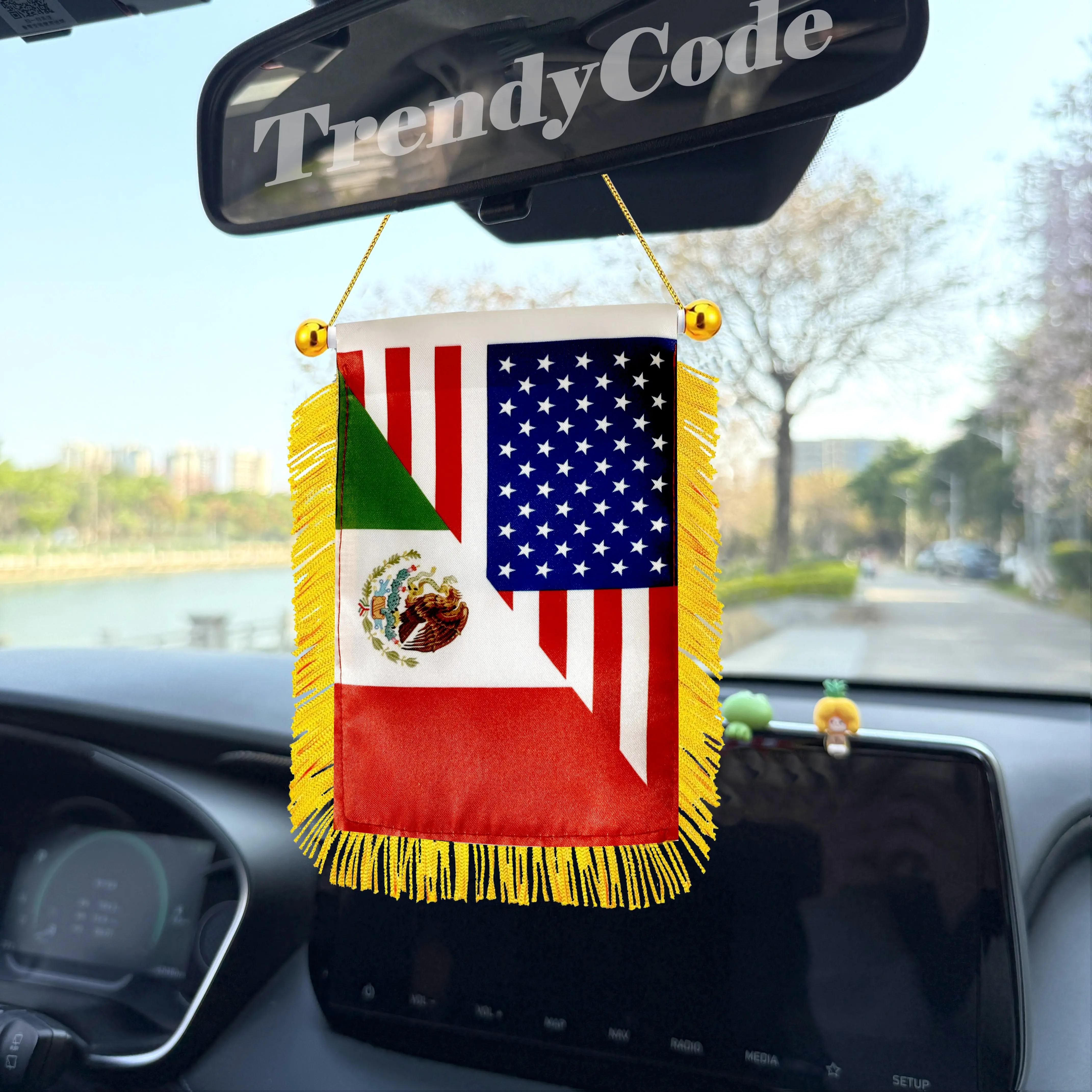 4x6 In US-Mexico Mini Banner – Hanging Flag with Suction Cup, Car Interior Rearview Mirror Mini Flag, Desk & Door Decor, Perfect for Birthday Party, Graduation Celebration, Cinco de Mayo, Mexican Independence Day
