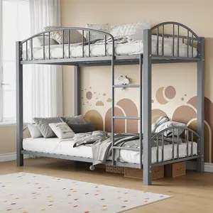 Metal Bunk Bed Twin Over Twin Heavy Duty Bunkbeds Frame with Arched Guardrail and Safety Ladder Sturdy Steel Bed for Kids Boys Girls Space-Saving No Box Spring Needed Matte Grey Bedroom Bedframe Bedroom Furniture