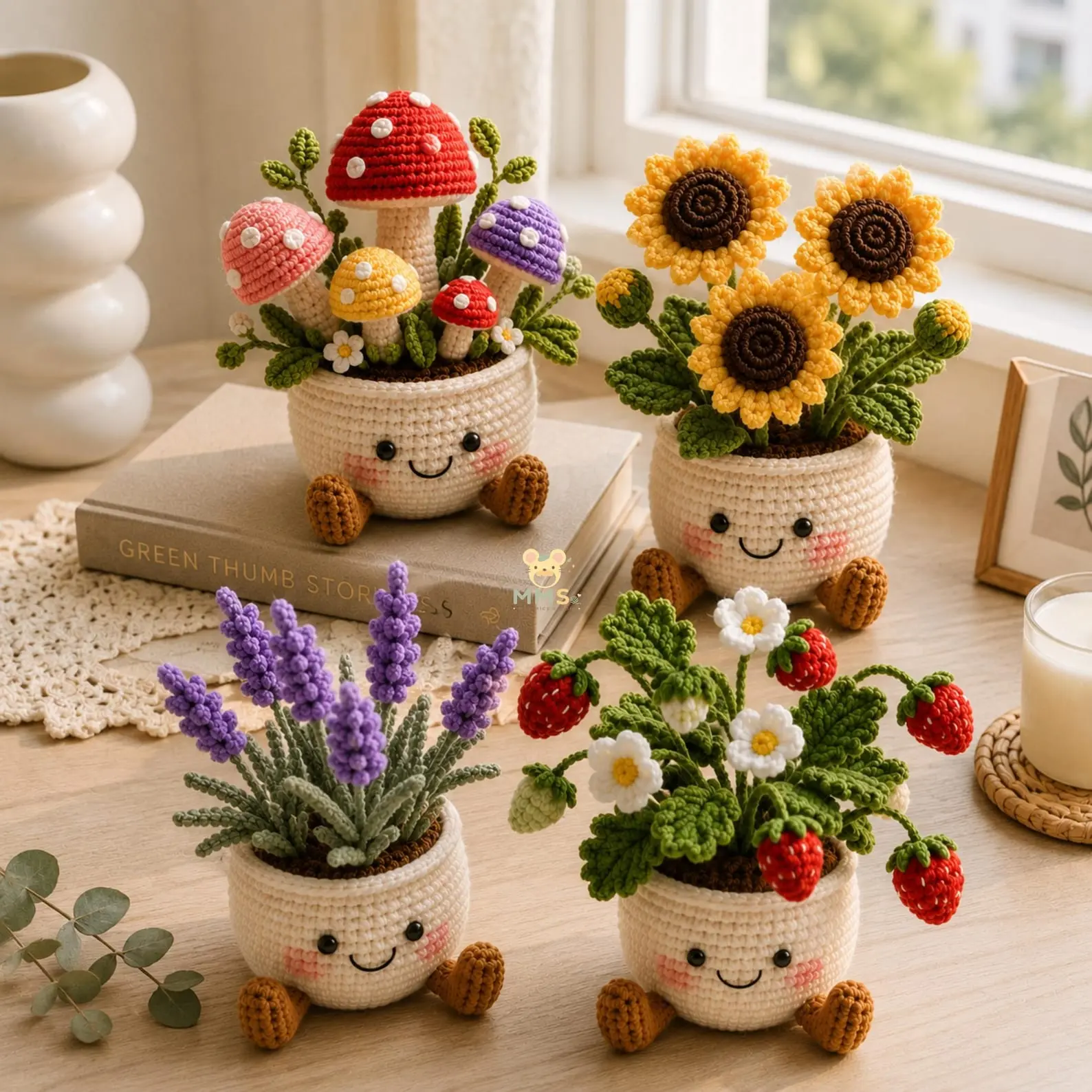 Handmade Crochet Plant Pot Collection – Cute Flower, Mushroom & Strawberry Amigurumi Desk Decor
