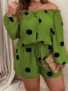 Plus Size Polka Dot One Shoulder Romper, Summer Long Sleeve Drawstring Set, Elegant Casual Loose-Fit Blouse, Spring & Fall Fashion Womenswear