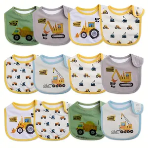 12-Pack Waterproof Baby Bibs for Boys & Girls, Cartoon Print Cotton Feeding Bibs with Adjustable Snaps, Absorbent Drool & Teething Bibs for Newborns & Toddlers All Season Use