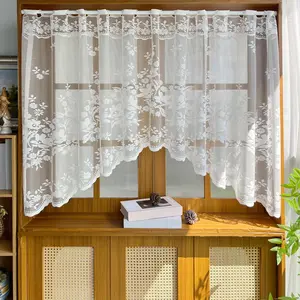 White Floral Embroidered Door Curtain Lace Sheer Curtain Swag Valance for Kitchen Dining Windows, Rod Pocket Top 1 Panel