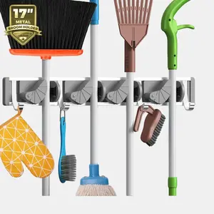 Mop Broom Holder Wall Mount Metal Pantry Organization and Storage Garden Kitchen Tool Organizer Wall Hanger for Home Goods (4 Positions with 4 Hooks, Silver)