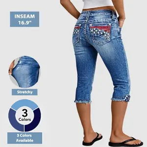 Flamingals Stripe & Star Embroidery Raw Hem Mid Waist Skinny Capri Jeans Womenswear Stretchy 16.9" Inseam