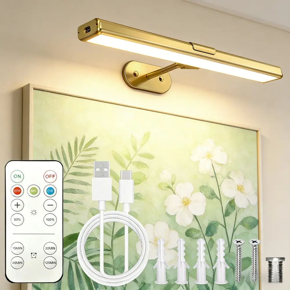 1 set Wireless Picture Lights with Remote, Recgargeable Battery Painting Light Display Lamp with 3 Lighting Modes, Dimmable Dartboard Light with Timer for Frame Portrait Art, Metal Body, Golden/Black, Rechargeable Wireless Lamp, Decorative Light