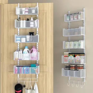 Over The Door Organizer, Metal Door Organizer  with 5 Adjustable Baskets and Coat Hook, Behind The Door Storage for Bedroom Closet Bathroom Pantry Cabinet Kitchen, White