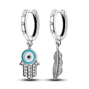 Hamsa & Feather Asymmetrical Drop Earrings 925 Sterling Silver, Evil Eye Enamel, Paved Hamsa, Antiqued Feather For Boho/Protection Jewelry, Birthday/Protection Gift/Everyday Wear