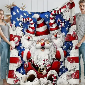 Christmas Fun Santa USA Flag Fleece Blanket Perfect for Winter Holidays Men Women Adults Teen Boys Girls Gift Soft Lightweight Throw for Bed Sofa Bedroom Dorm Couch Office