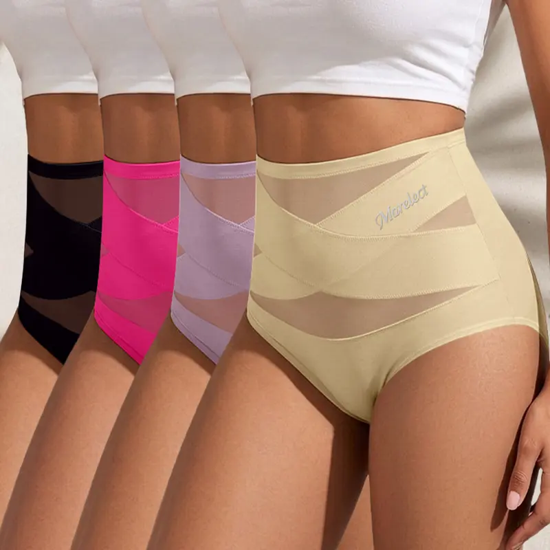 Morelect Women's S-5XL High-Waisted Mesh Panel Basic Briefs - Soft Fashion Breathable Seamless Knickers, Sheer Crossover Full Coverage Lady Underwear, Plus Size Garments
