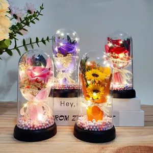 Lighted Acrylic Dome Eternal Flower Bouquet - Preserved Soap Roses, Carnations, Tulips, Mothers Day Gift, Love Gift for Mom, Ideal for Valentine’s Day