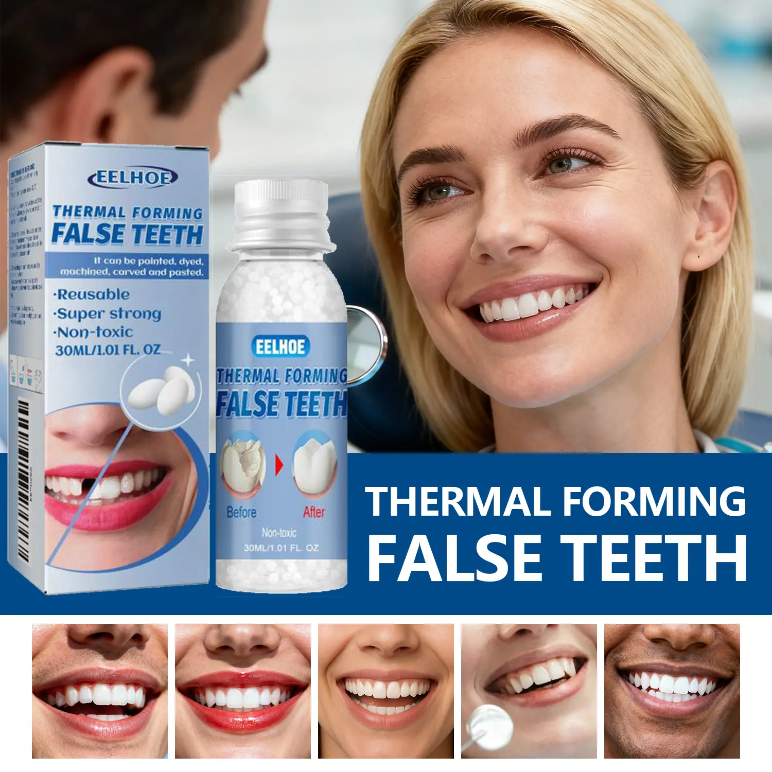 EELHOE Black Friday Sale 30ml Shapeable Dentures Dental Glue Film Makeup Temporary Filling for Broken Teeth Gaps Oral Care Solution Reusable Natural Smile Dental Veneers
