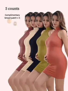 Maternity Solid Color Seamless Bodycon Dress, Casual Round Neck Sleeveless Maternity Dress for Summer, Maternity Clothing for Daily Wear