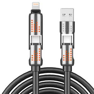 240W 4-in-1 USB-C Cable Fast Charging & Lightning, LED Light, 4FT Silicone Cable, Compatible with iPhone 16/15, iPad Pro, Samsung Devices, and Laptops
