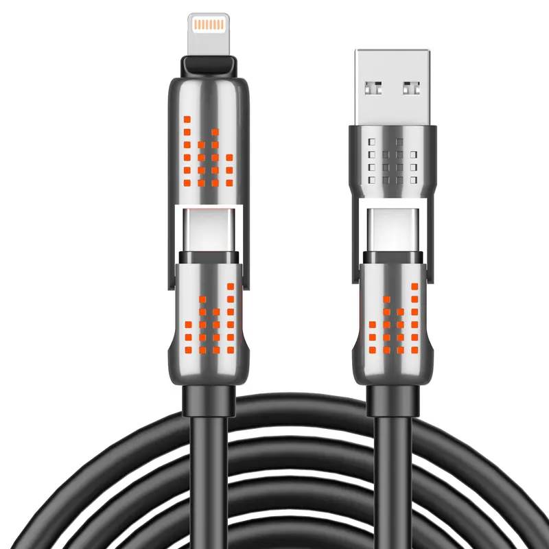 240W 4-in-1 USB-C Cable Fast Charging & Lightning, LED Light, 4FT Silicone Cable, Compatible with iPhone 16/15, iPad Pro, Samsung Devices, and Laptops