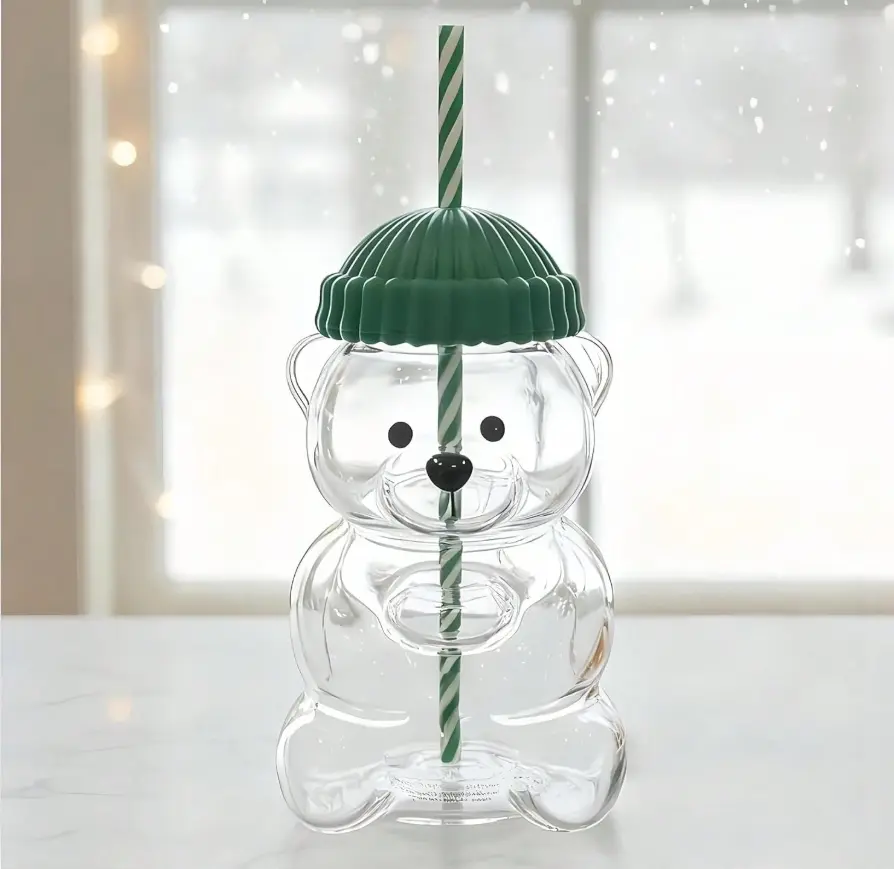 Halloween Transparent Bear-Shaped Straw Cup with Green Screw Lid, Creative Drink Cup, Autumn Pumpkin Party Decoration Gift for Birthdays, Holiday Gifting and Everyday Use