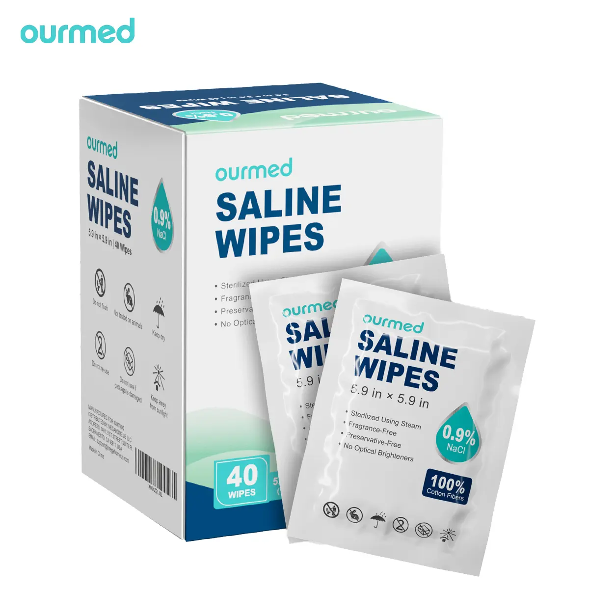 Ourmed Sterile Saline Wipes, 40-Count Eco-Friendly Portable Travel-Size Cotton Wipes for Kids, Hypoallergenic Unscented Gentle Facial Cleanser for Sensitive Skin, Wound Cleansing & Piercing Aftercare