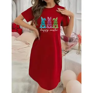 Soft Micro Stretch Women's Lingerie Glittery Bunny Printed Short Sleeve Round Neck Nightgown Sexy Elegant Young Style Women's Valentine's Day Dress Mother's Day Christmas Thanksgiving New Year Gift Ideas